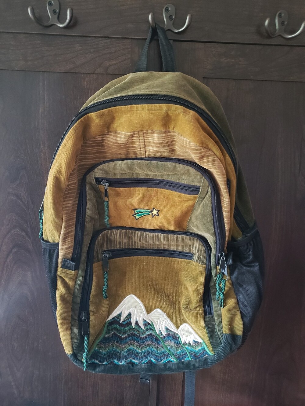 Patchwork Corduroy Backpack Embroidered Mountains Back Pack Embroidery Patch